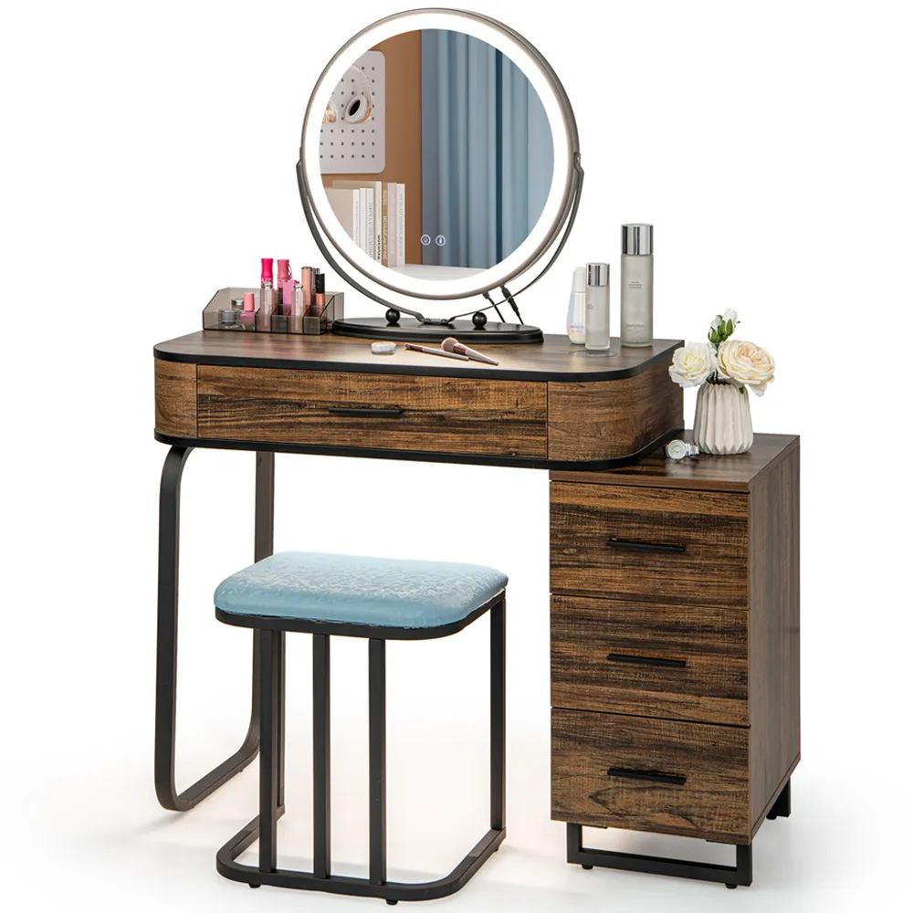 4 Drawer Swivel Vanity Dressing Table Set with LED Mirror - Brown