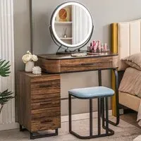 4 Drawer Swivel Vanity Dressing Table Set with LED Mirror - Brown