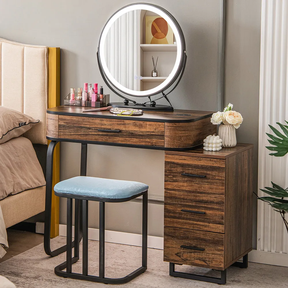 4 Drawer Swivel Vanity Dressing Table Set with LED Mirror - Brown