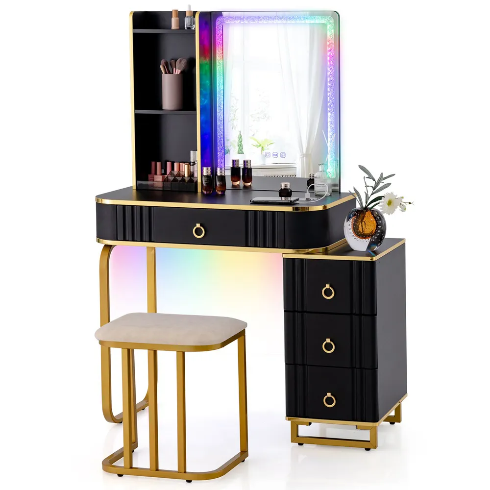 4 Drawer Vanity Dressing Table Set with RGB LED Mirror - Black