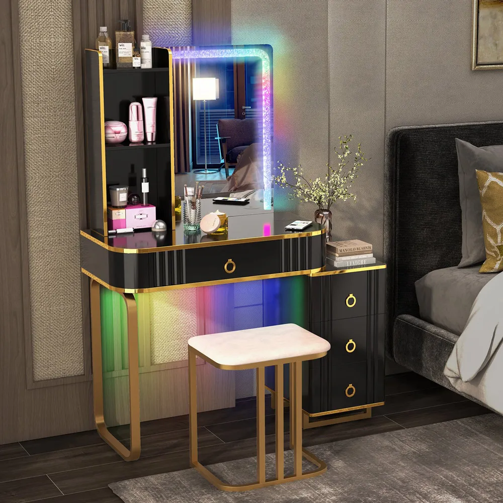 4 Drawer Vanity Dressing Table Set with RGB LED Mirror - Black