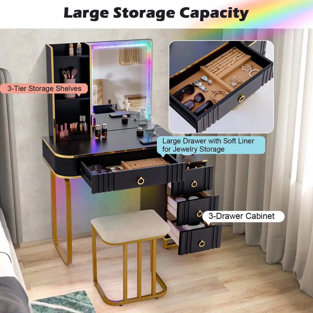4 Drawer Vanity Dressing Table Set with RGB LED Mirror - Black