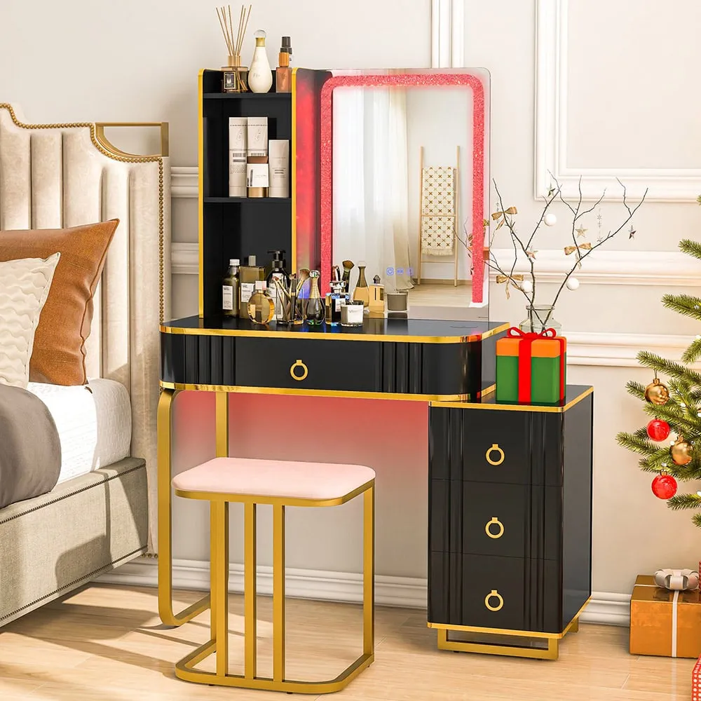 4 Drawer Vanity Dressing Table Set with RGB LED Mirror - Black