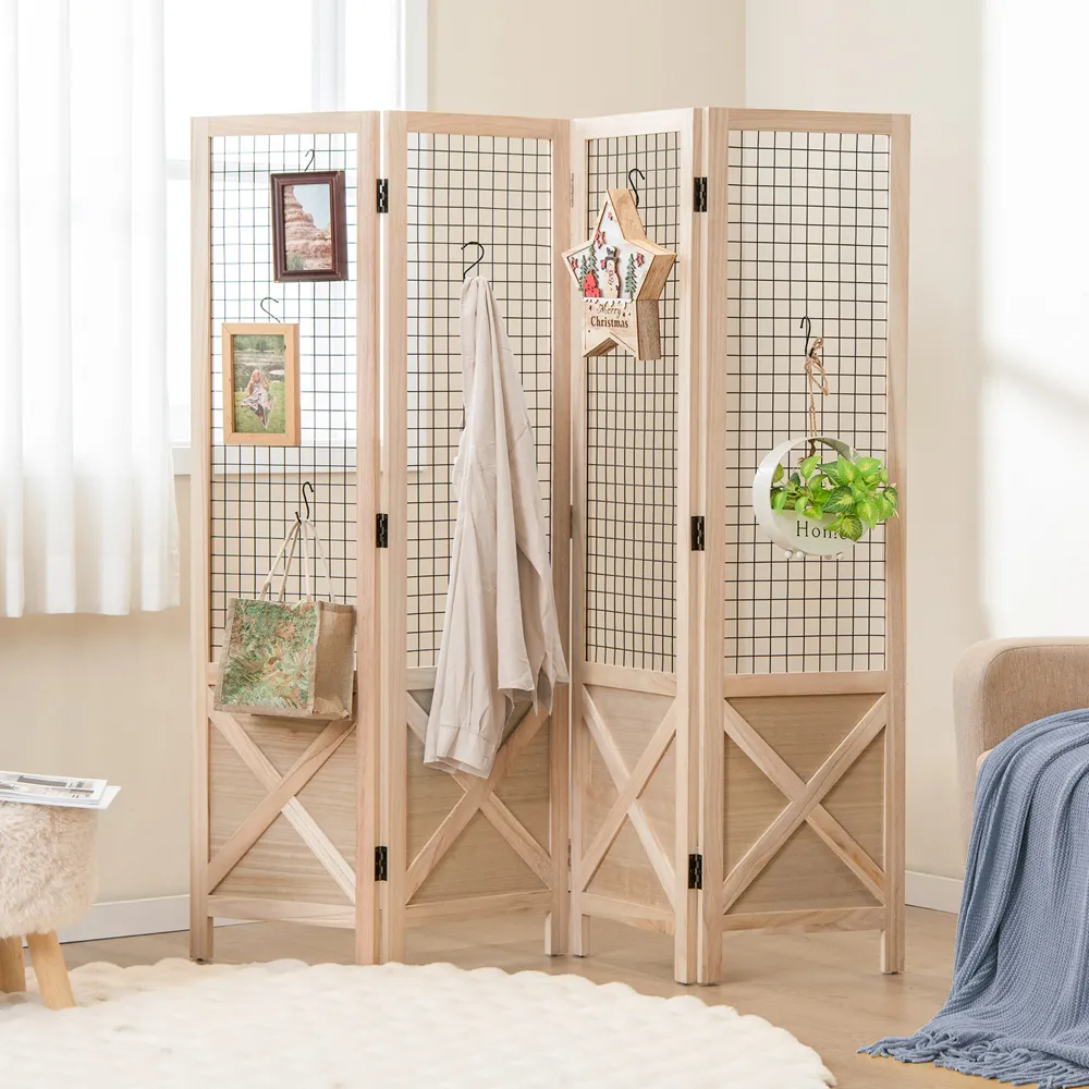 4 Panel Folding Room Divider with Gridwall Display - Cream