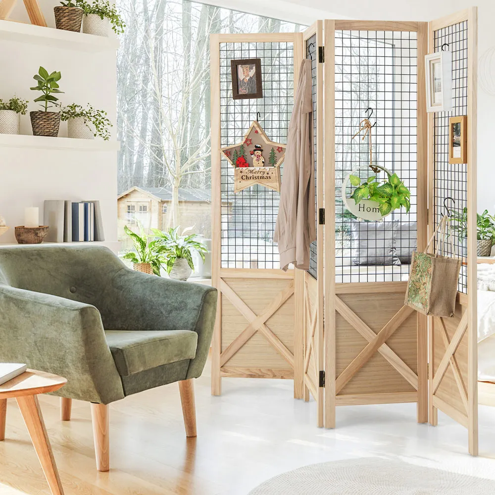 4 Panel Folding Room Divider with Gridwall Display - Cream