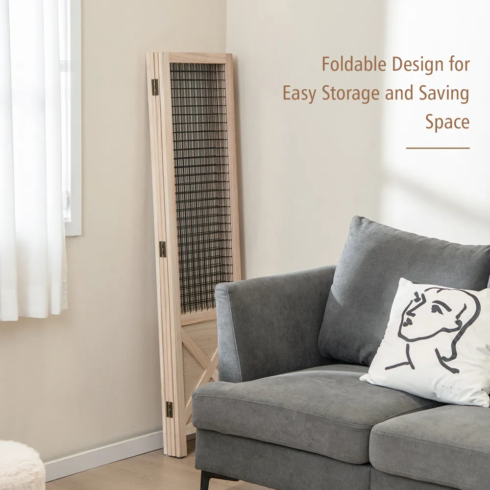 4 Panel Folding Room Divider with Gridwall Display - Cream