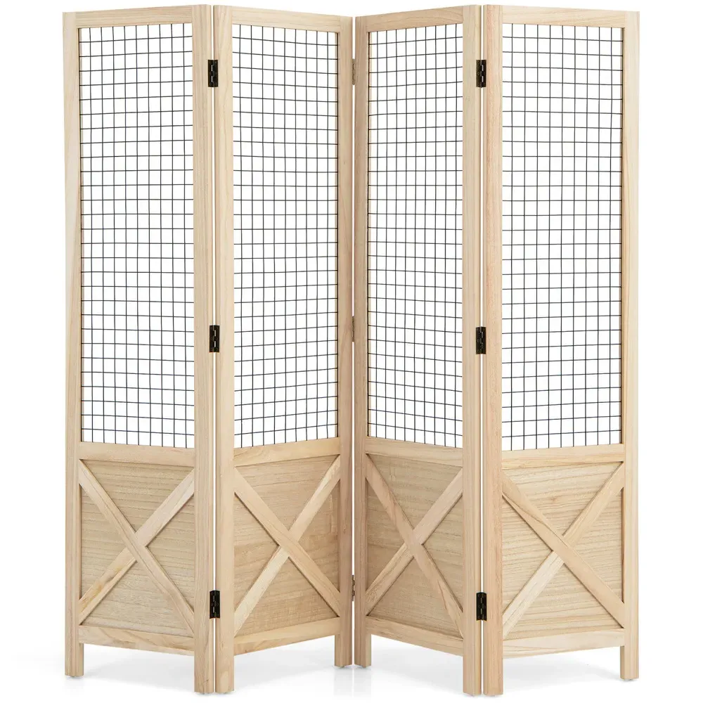 4 Panel Folding Room Divider with Gridwall Display - Cream