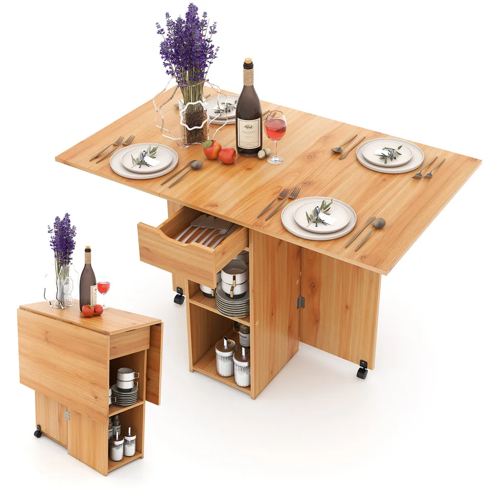 4 Seater Foldable Dining Table with Wheels - Cream