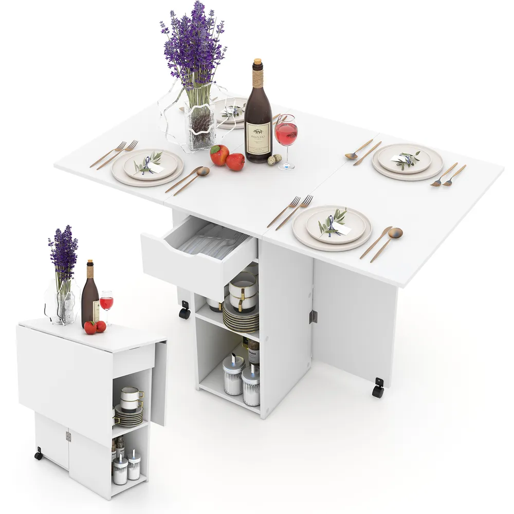 4 Seater Foldable Dining Table with Wheels - White