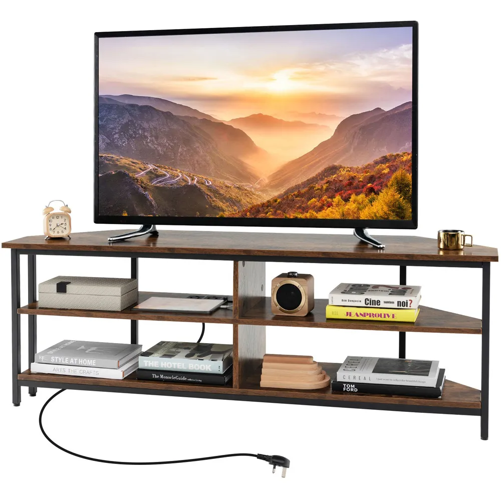 4 Shelf Corner TV Unit with AC Outlet - Brown
