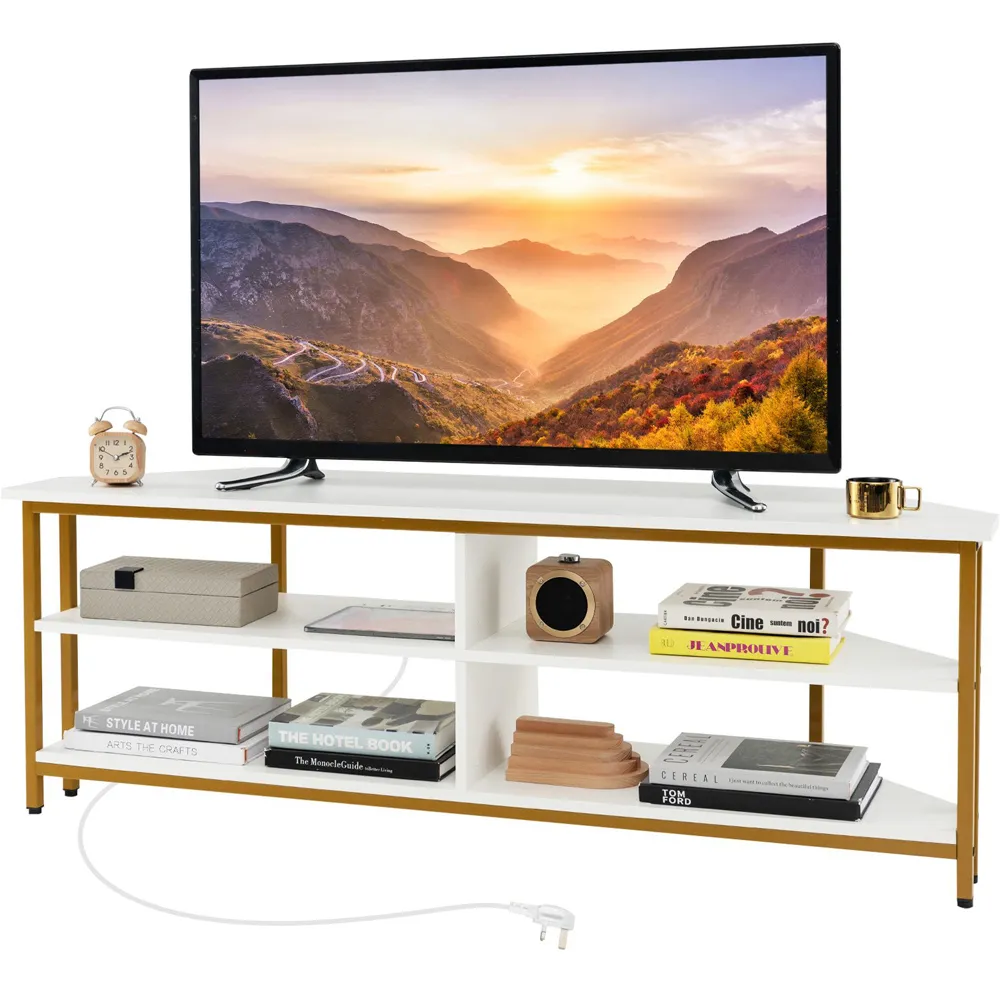 4 Shelf Corner TV Unit with AC Outlet - White