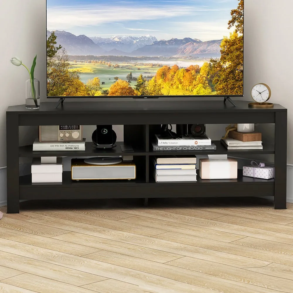 4 Shelf Corner TV Unit with Power Outlet - Black
