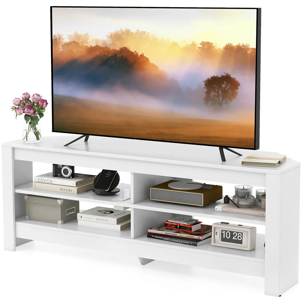 4 Shelf Corner TV Unit with Power Outlet - White