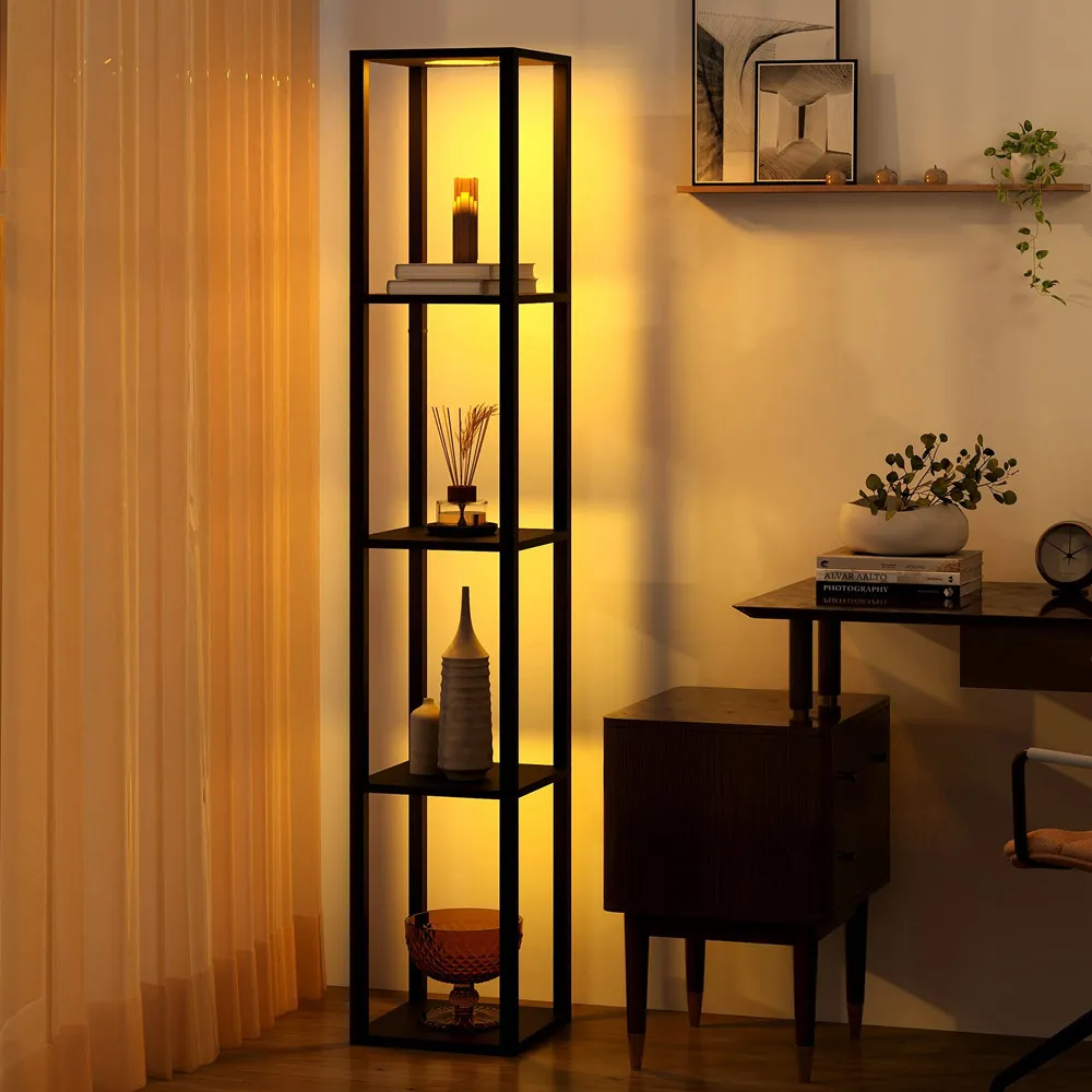 4 Shelf Floor Lamp with 3 Way Dimmable LED - Black