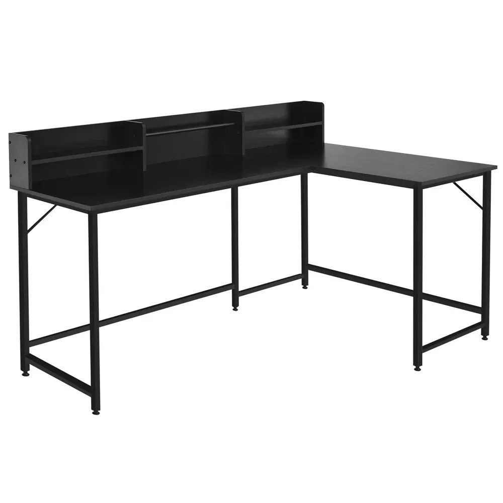 4 Shelf L-Shaped Corner Computer Desk with File Rack - Black