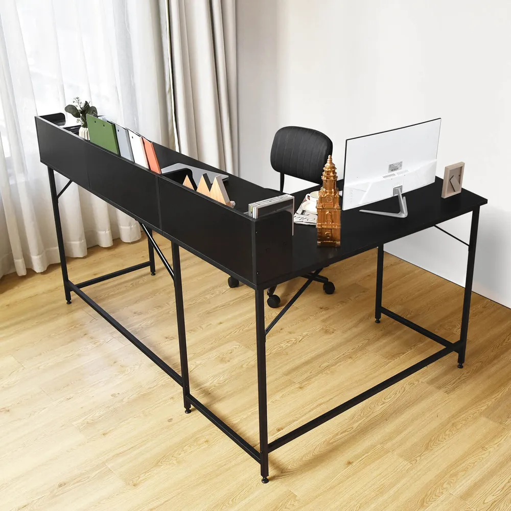 4 Shelf L-Shaped Corner Computer Desk with File Rack - Black