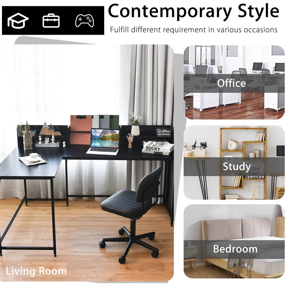 4 Shelf L-Shaped Corner Computer Desk with File Rack - Black