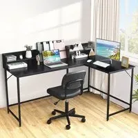 4 Shelf L-Shaped Corner Computer Desk with File Rack - Black