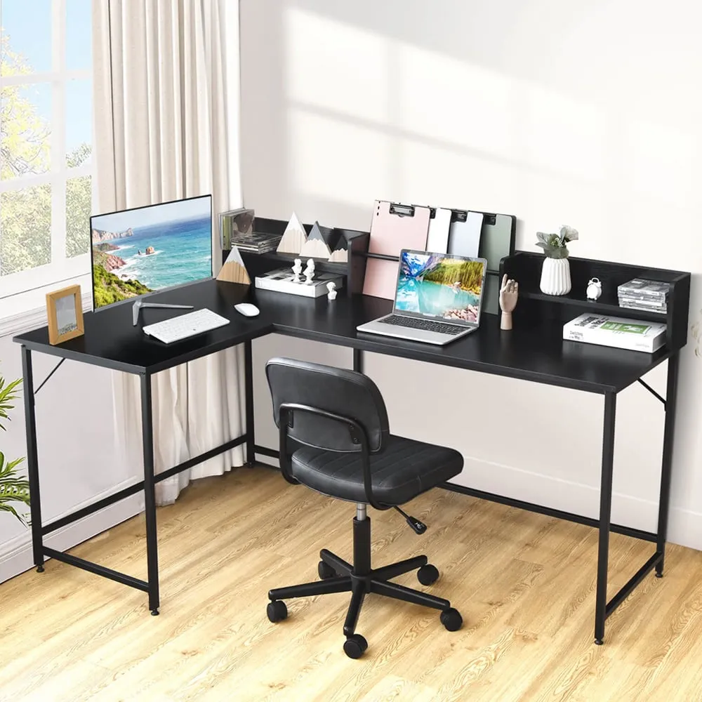 4 Shelf L-Shaped Corner Computer Desk with File Rack - Black