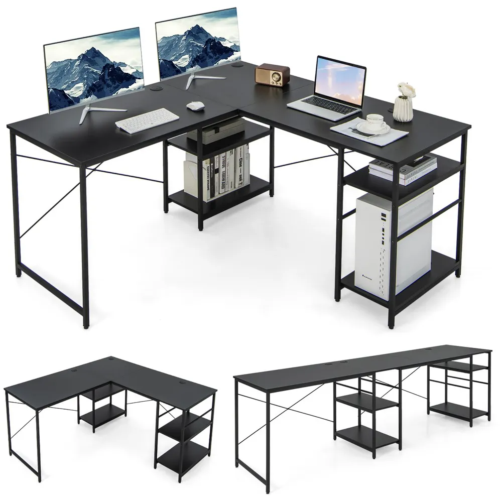 4 Shelf L-Shaped Wooden Desk with Storage - Black