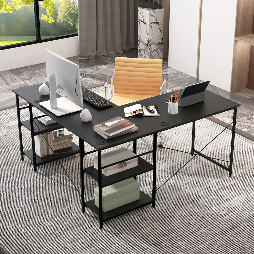 4 Shelf L-Shaped Wooden Desk with Storage - Black