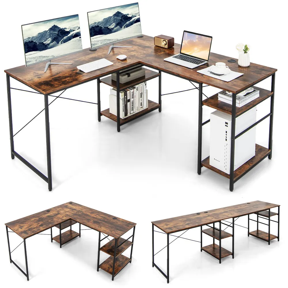 4 Shelf L-Shaped Wooden Desk with Storage - Brown
