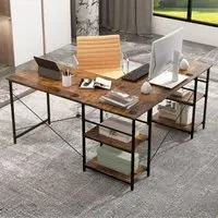 4 Shelf L-Shaped Wooden Desk with Storage - Brown
