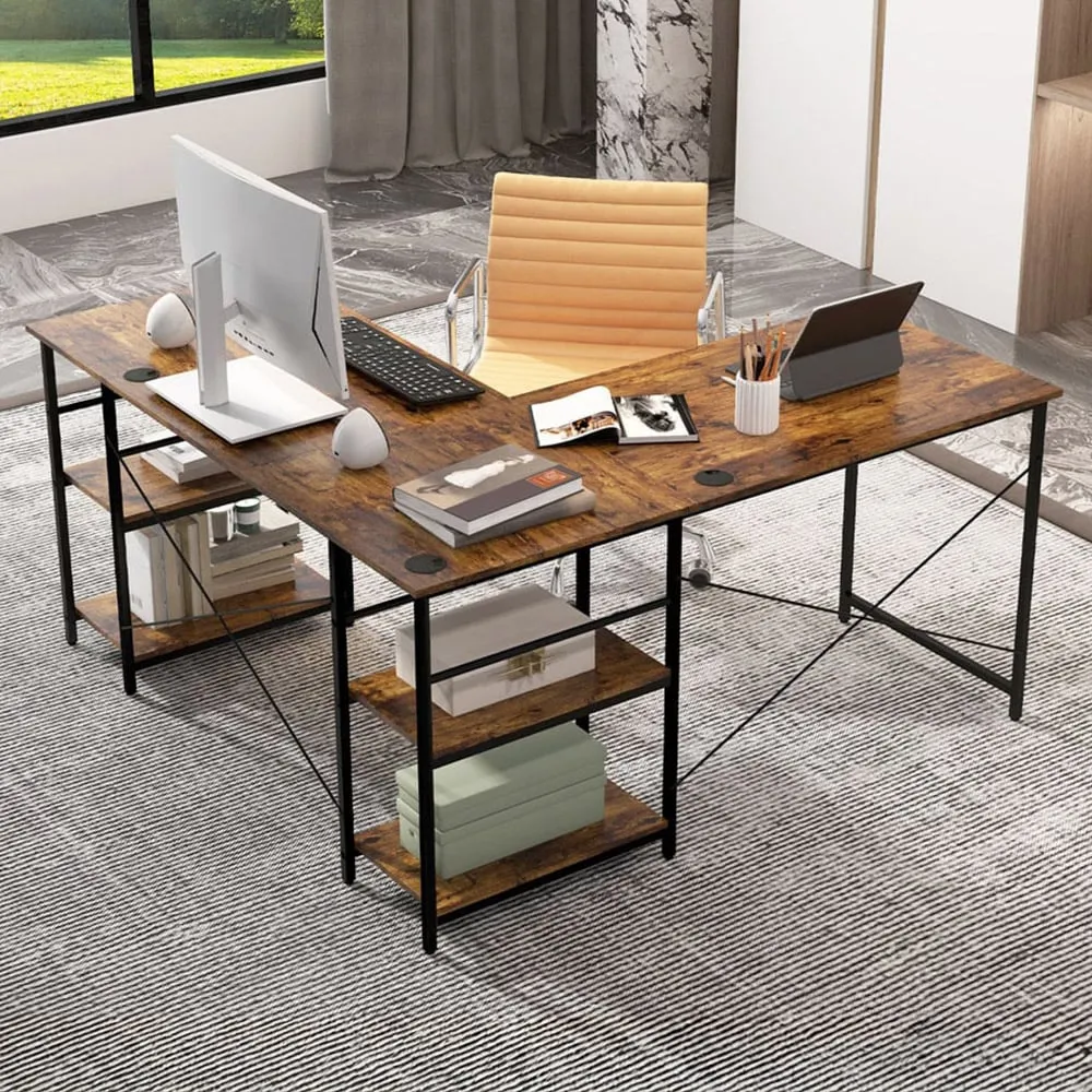 4 Shelf L-Shaped Wooden Desk with Storage - Brown