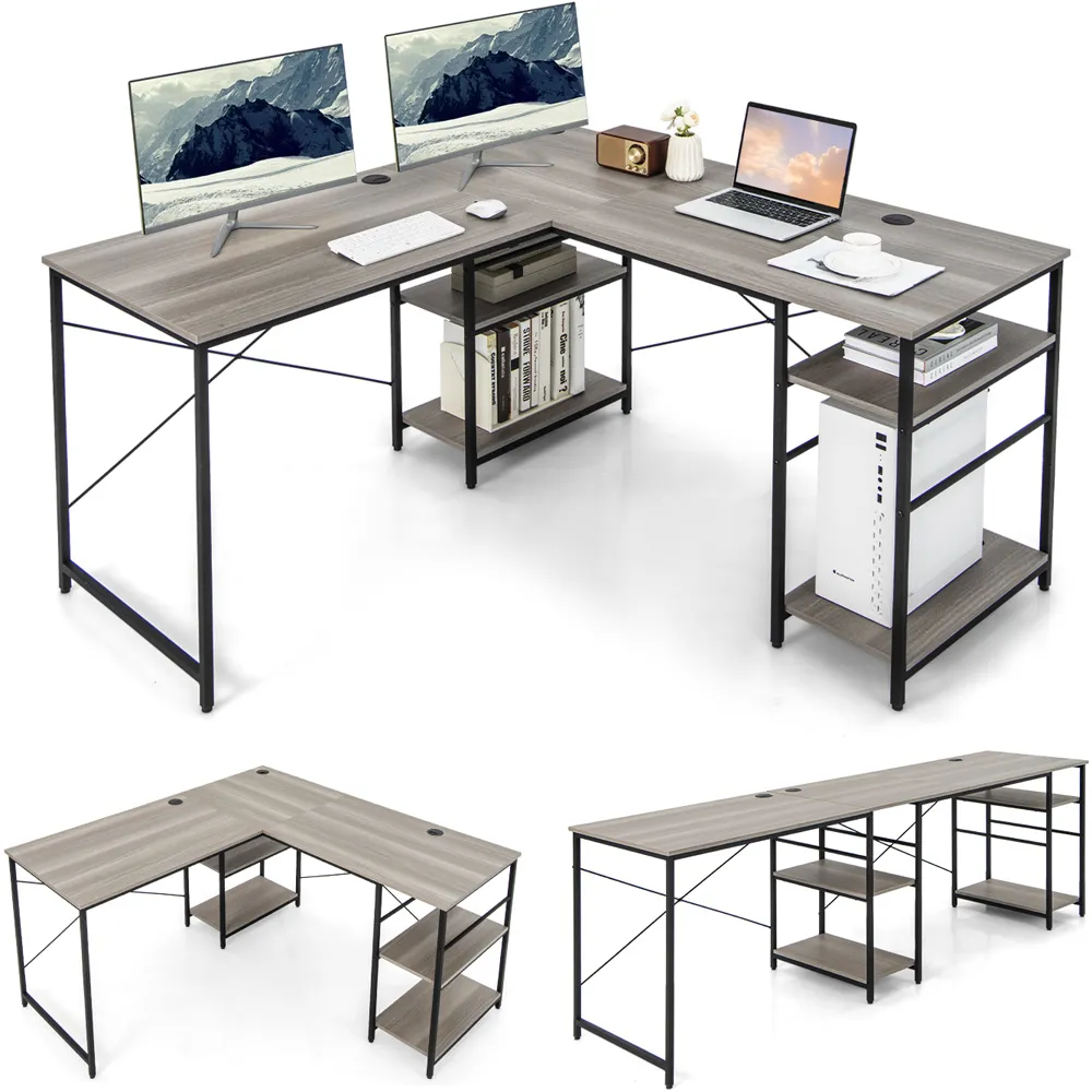 4 Shelf L-Shaped Wooden Desk with Storage - Grey