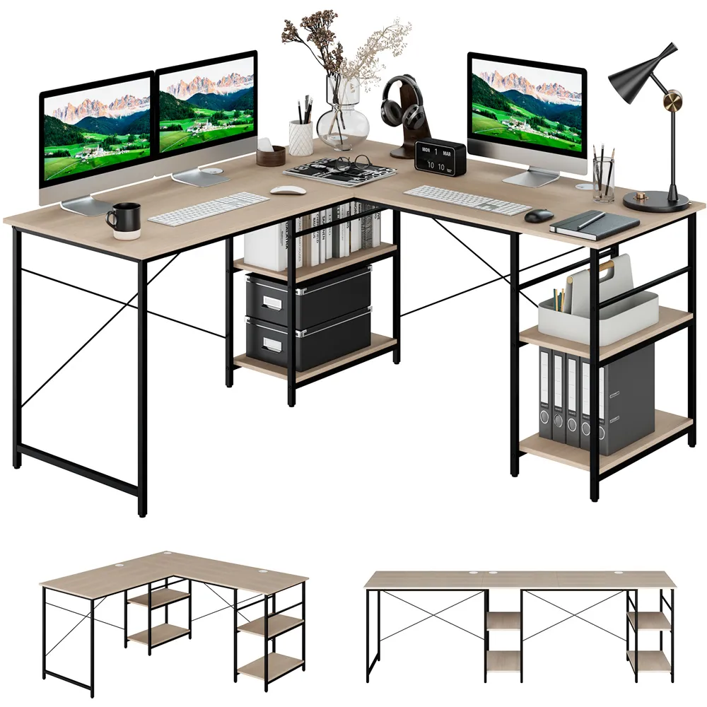 4 Shelf L-Shaped Wooden Desk with Storage - Natural