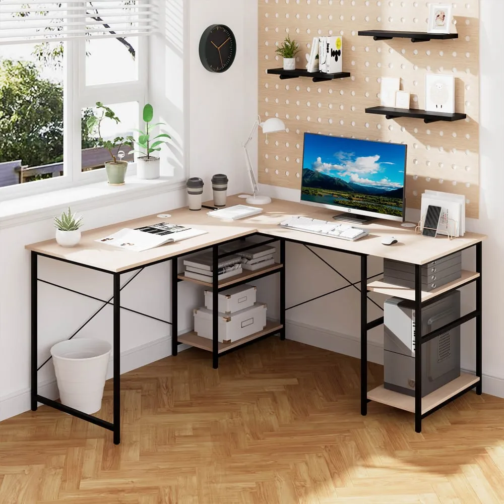 4 Shelf L-Shaped Wooden Desk with Storage - Natural image