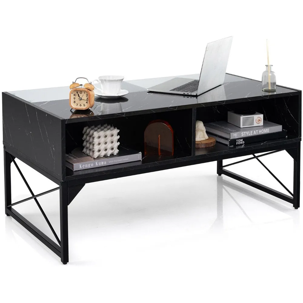 4 Shelf LED Coffee Table with Storage - Black, Faux Marble