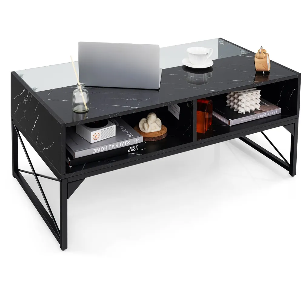 4 Shelf LED Coffee Table with Storage - Black, Faux Marble