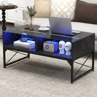4 Shelf LED Coffee Table with Storage - Black, Faux Marble