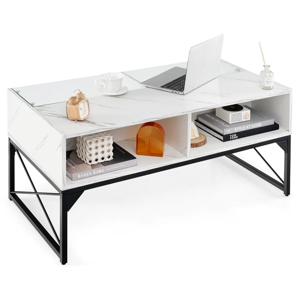 4 Shelf LED Coffee Table with Storage - White, Faux Marble