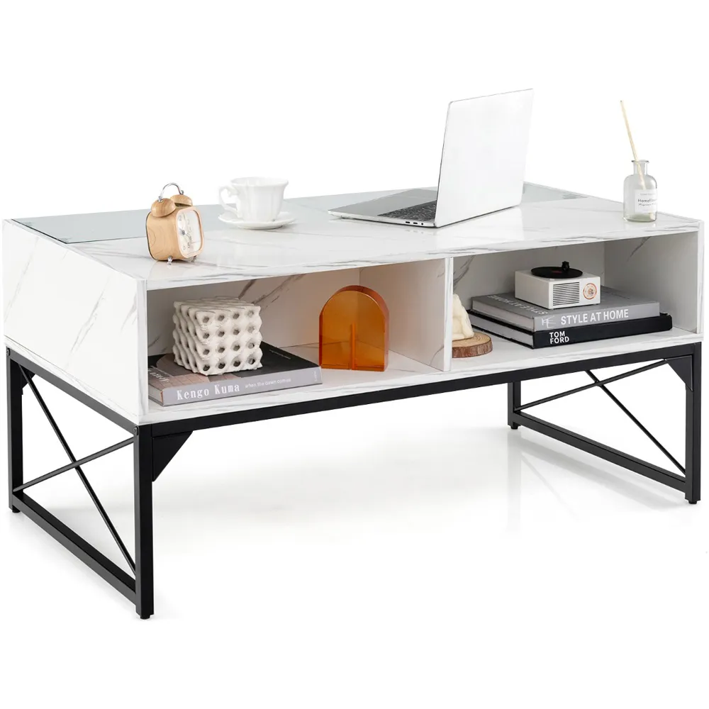 4 Shelf LED Coffee Table with Storage - White, Faux Marble