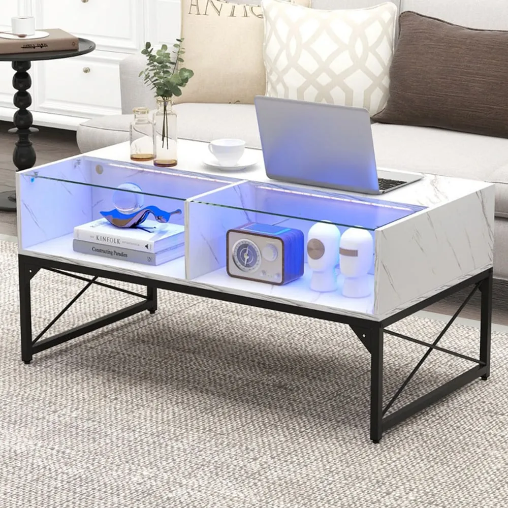 4 Shelf LED Coffee Table with Storage - White, Faux Marble