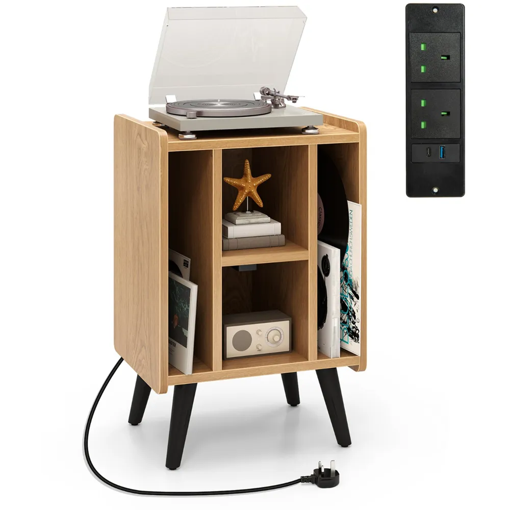 4 Shelf Record Player Stand with Power Outlet - Brown