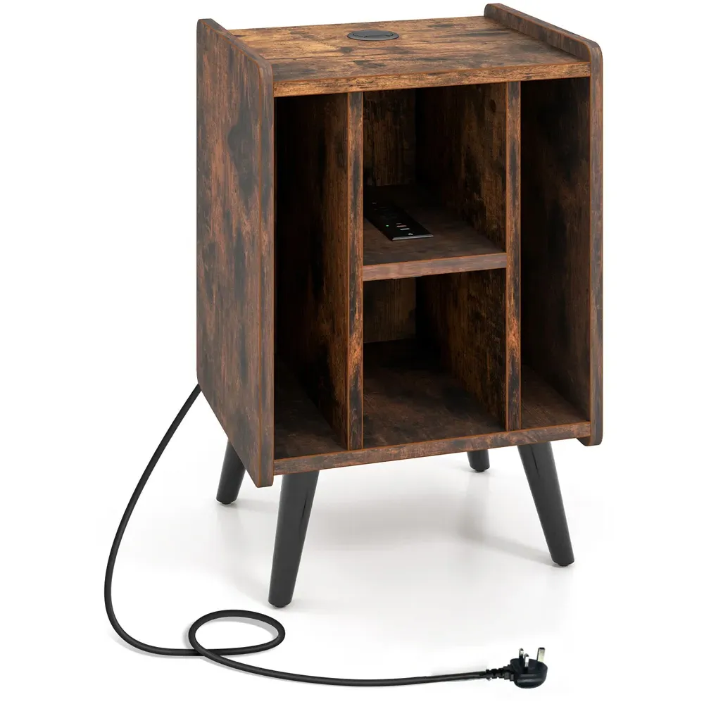 4 Shelf Record Player Stand with USB Charging Port - Brown