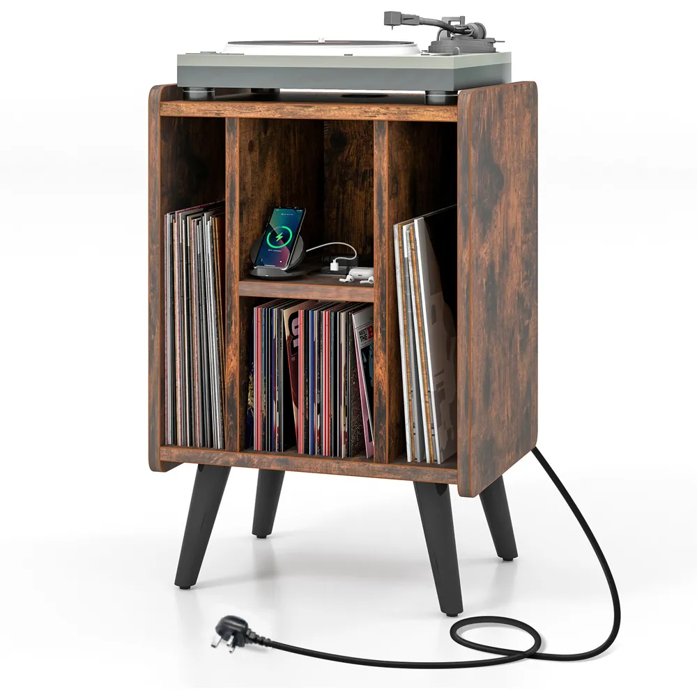 4 Shelf Record Player Stand with USB Charging Port - Brown