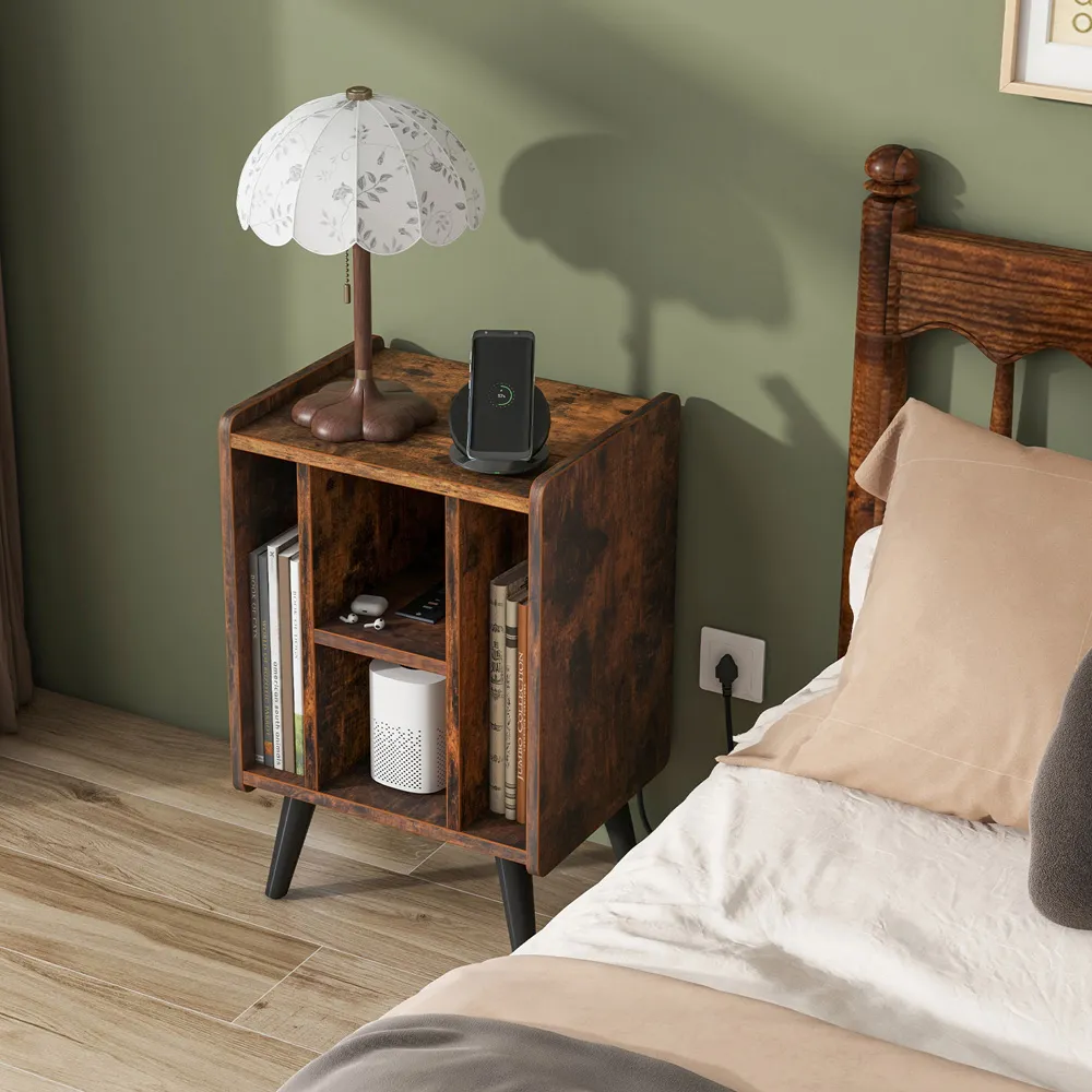 4 Shelf Record Player Stand with USB Charging Port - Brown