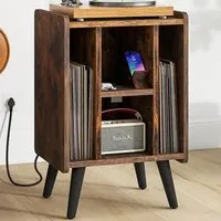 4 Shelf Record Player Stand with USB Charging Port - Brown