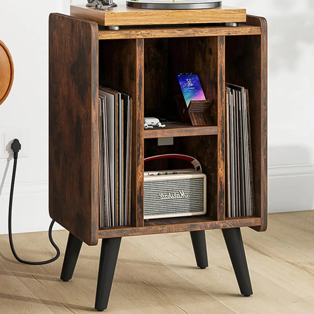 4 Shelf Record Player Stand with USB Charging Port - Brown image