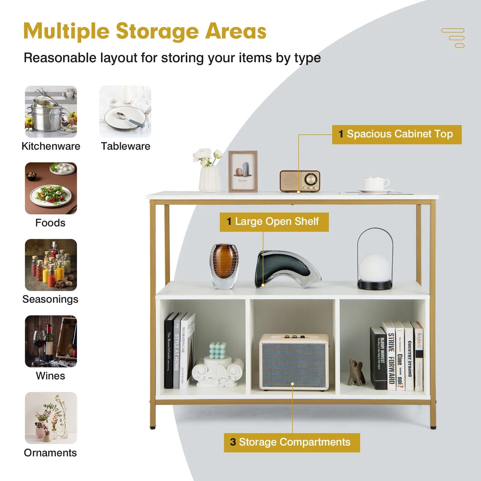 4 Shelf Sideboard with Storage - White, Steel