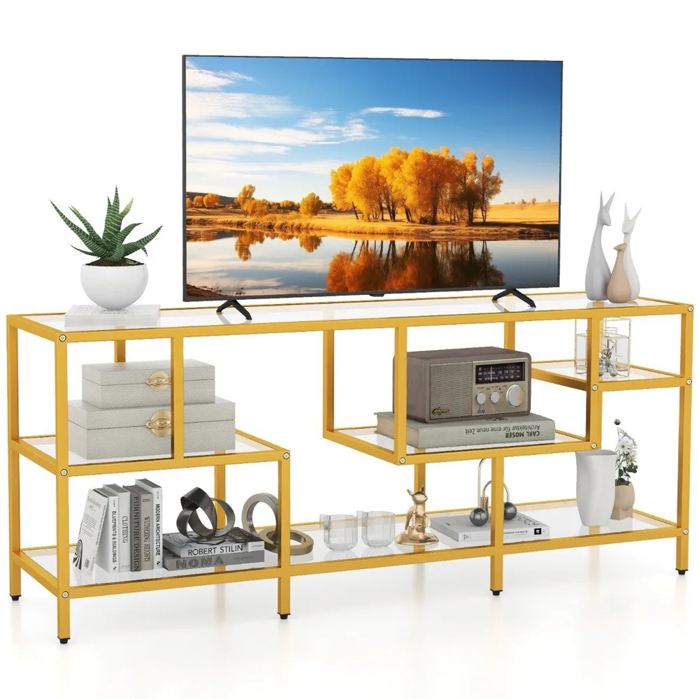 4 Shelf TV Console with Glass Shelves - Golden