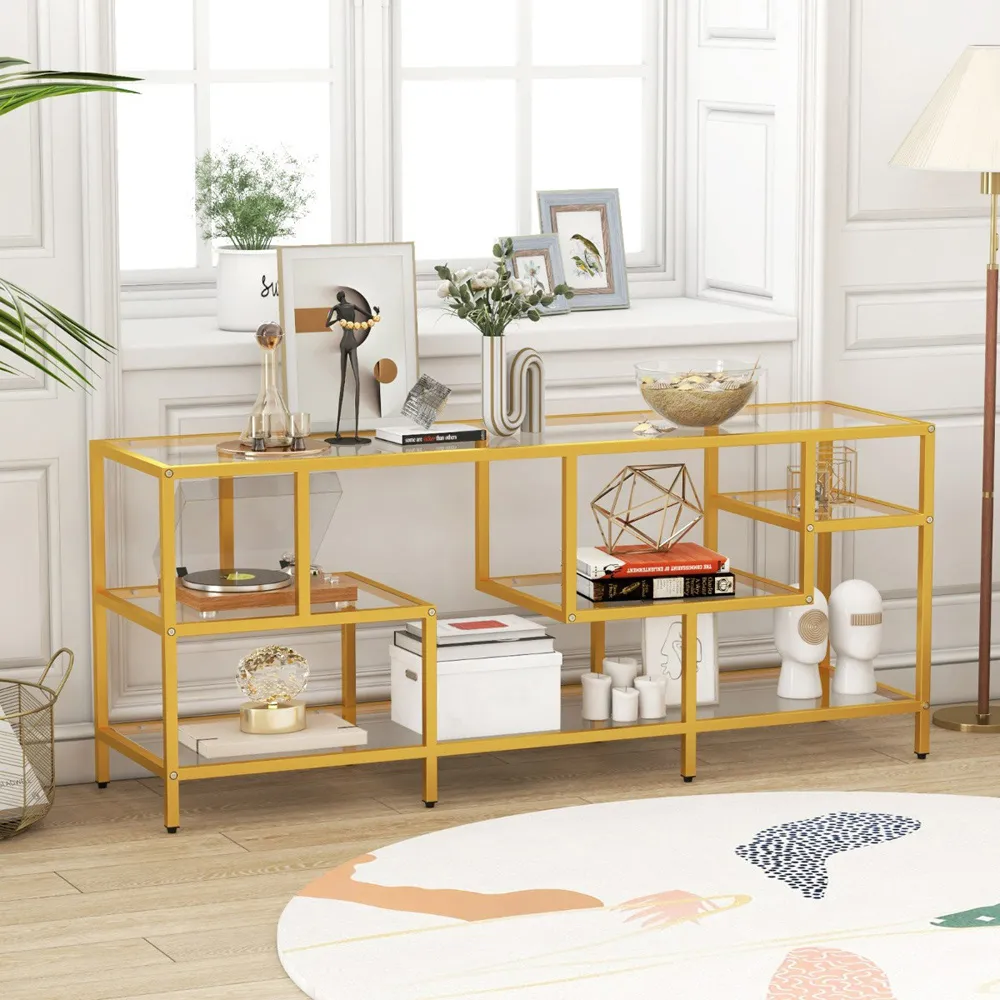 4 Shelf TV Console with Glass Shelves - Golden