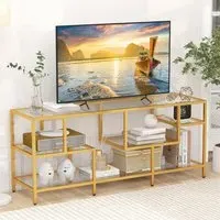 4 Shelf TV Console with Glass Shelves - Golden