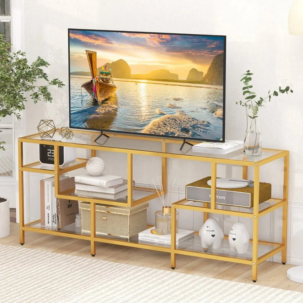 4 Shelf TV Console with Glass Shelves - Golden