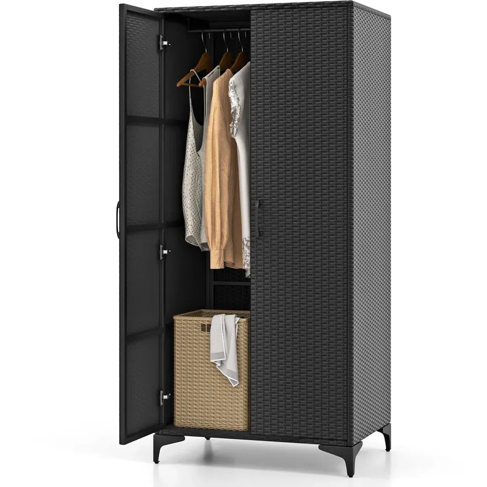 4 Storage Cube Rattan Wardrobe Armoire - Black