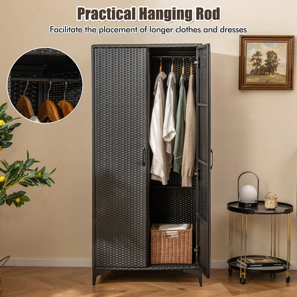 4 Storage Cube Rattan Wardrobe Armoire - Black